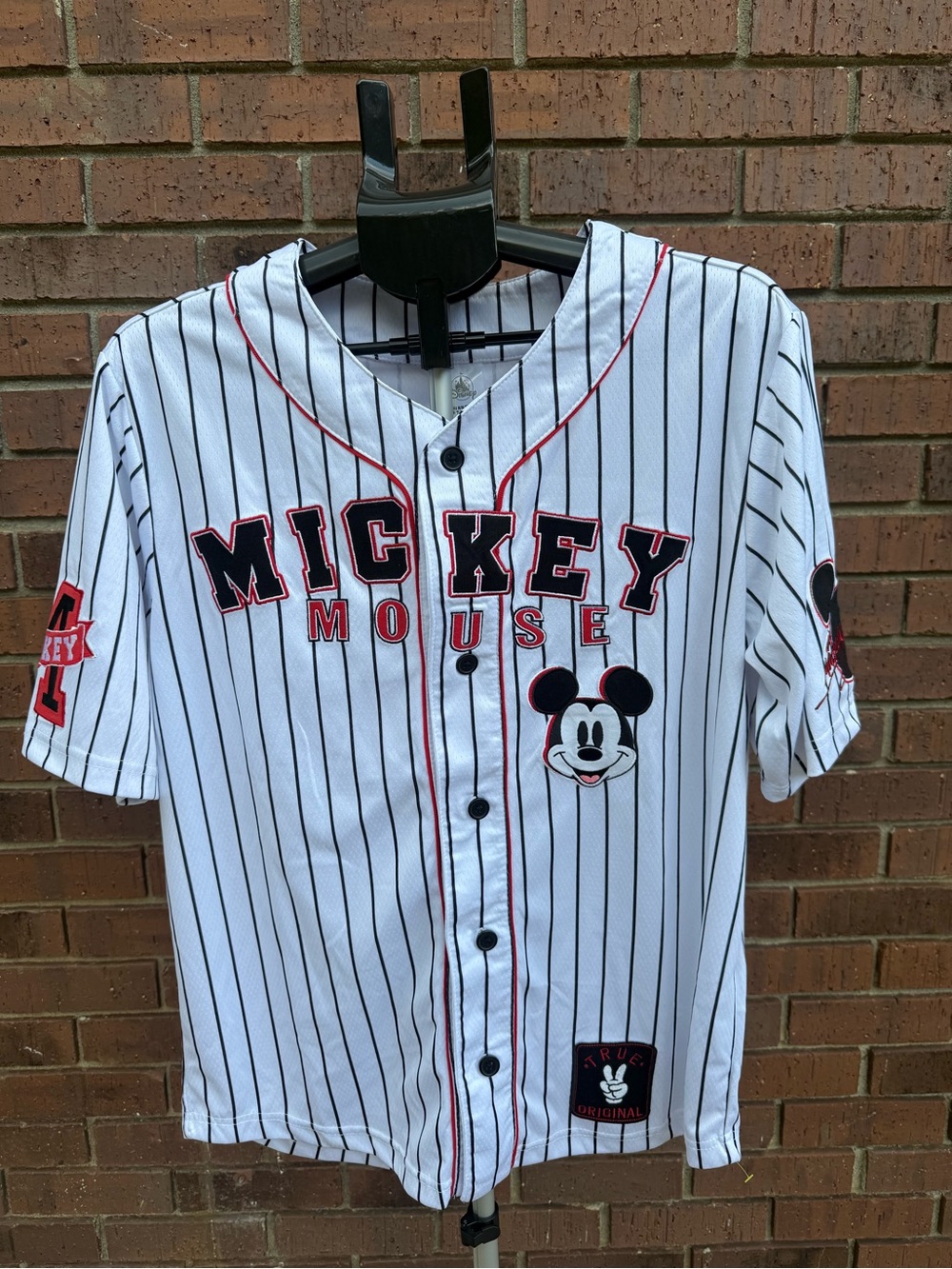 Disney Mickey Mouse Pinstripe Button Baseball Jersey Shirt White Black Red M #28